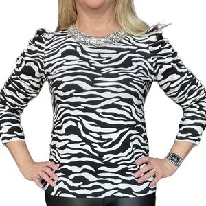 INC Zebra Print Embellished Neck Ruched Sleeve Top